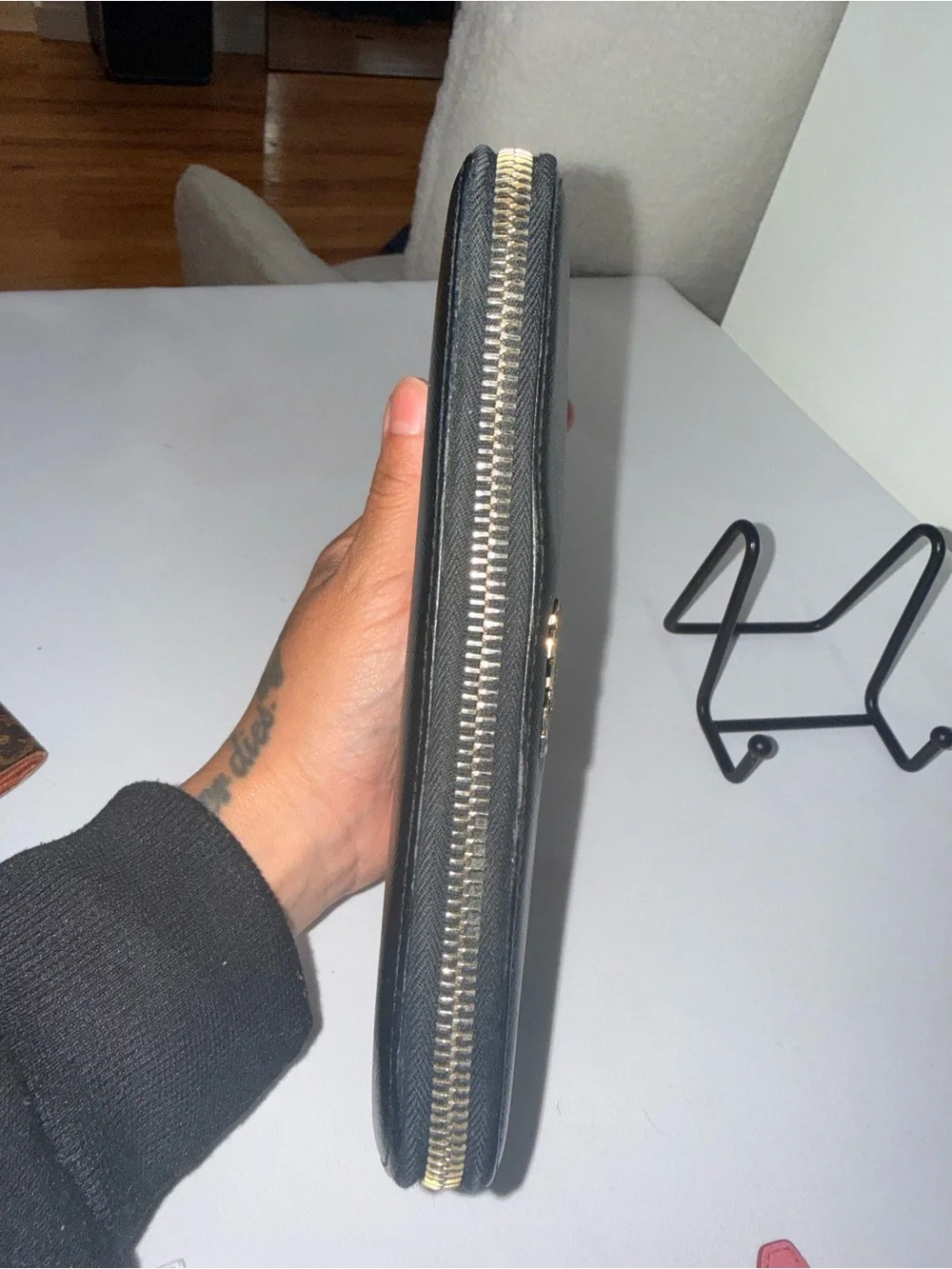 Prada Black Saffiano Leather Zip Wallet with Gold Logo